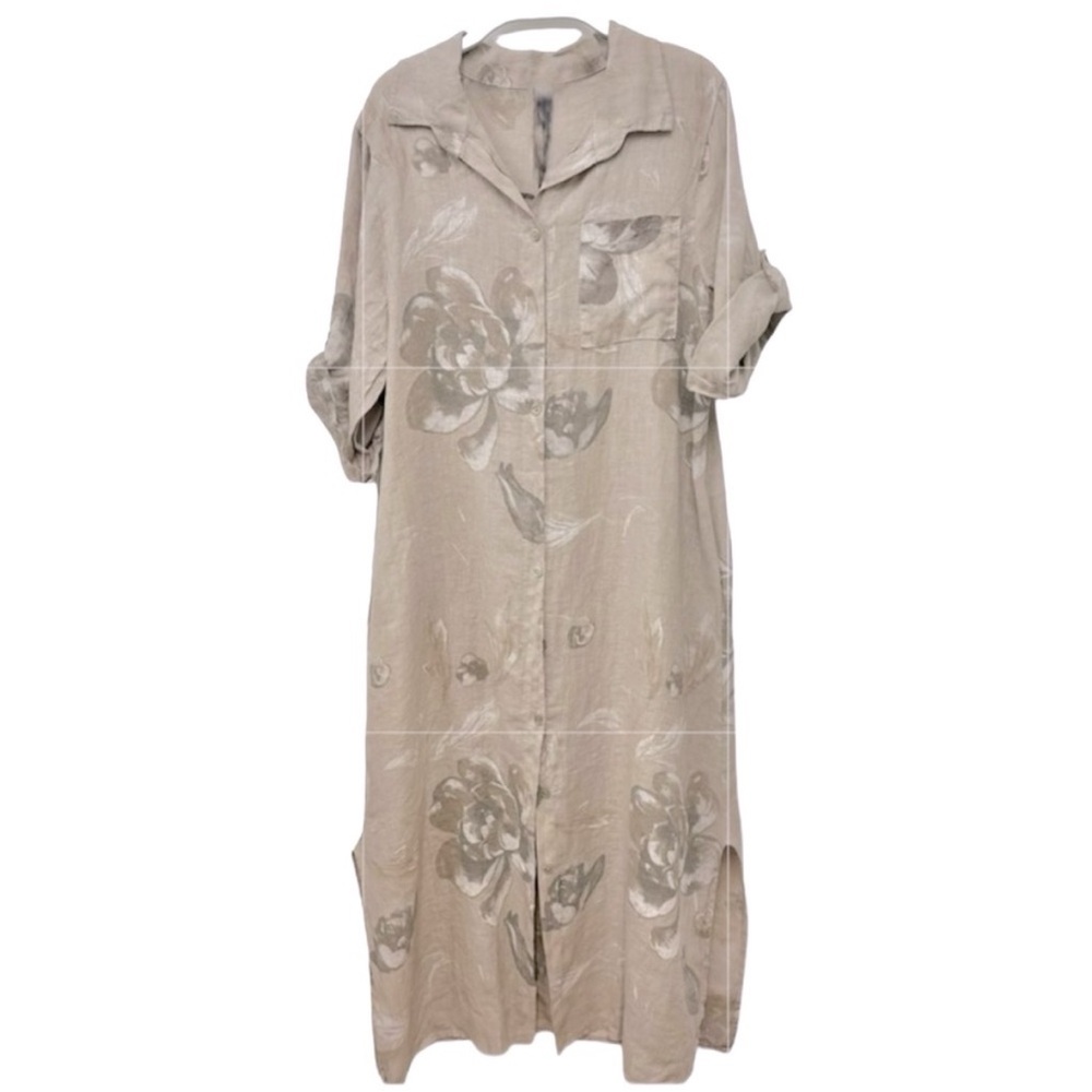 Women’s Tulip Floral Beige/White Linen Button-Down Maxi Dress